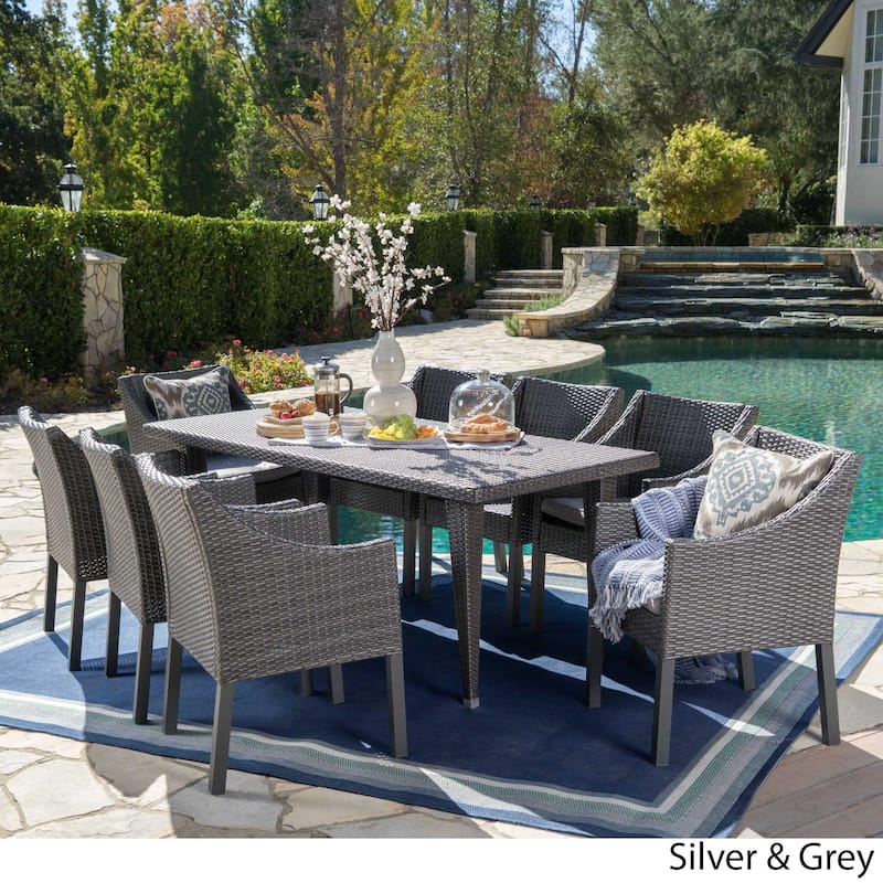 Alameda Outdoor 9-piece Rectangular Wicker Dining Set with Cushions by Christopher Knight Home - N/A