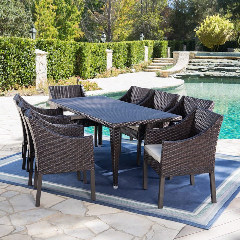 Alameda Outdoor 9-piece Rectangular Wicker Dining Set with Cushions by Christopher Knight Home - N/A