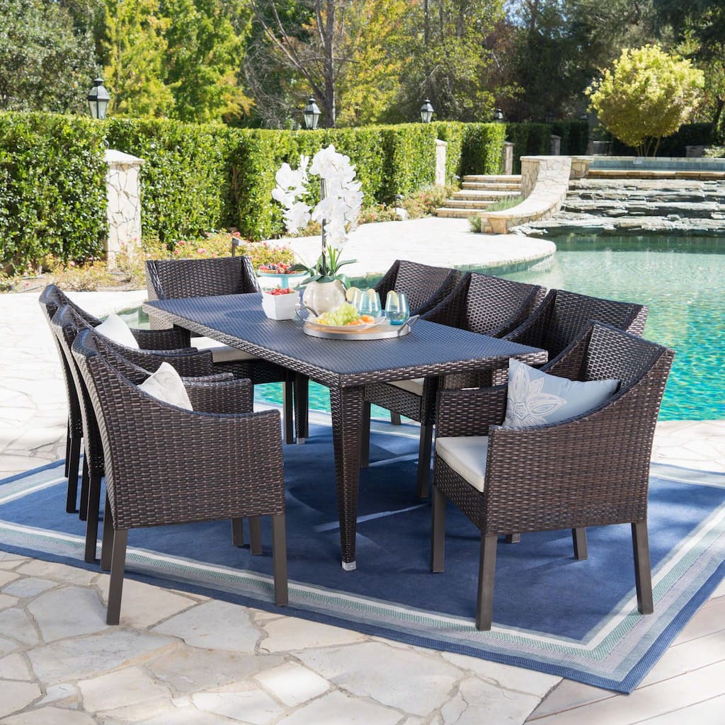 Alameda Outdoor 9-piece Rectangular Wicker Dining Set with Cushions by Christopher Knight Home - N/A