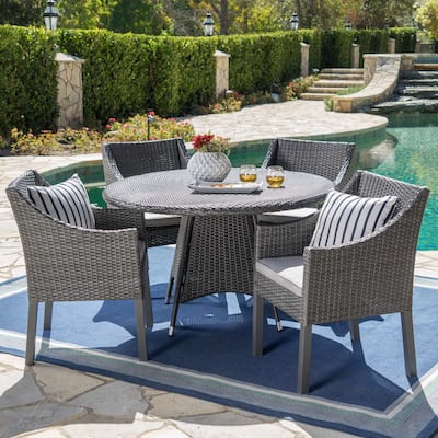 Franco Outdoor 5-piece Round Wicker Dining Set with Cushions & Umbrella Hole by Christopher Knight Home