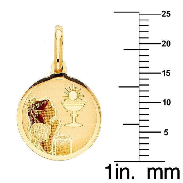 14K Yellow Gold Communion Enamel Picture Charm Pendant with 2mm Figaro 3+1 Chain Necklace