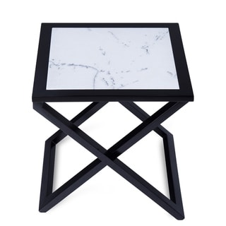 Gracewood Hollow Kikic Natural Marble and Black Solid Wood X-end Accent Table