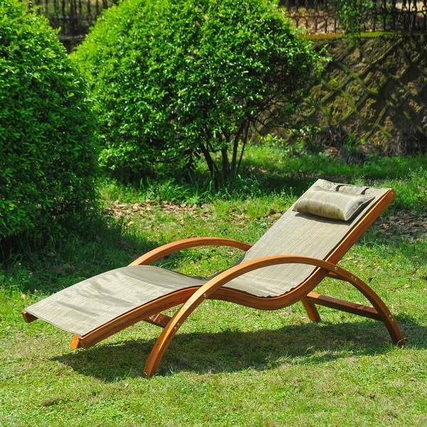 Outdoor Wood Sling Chaise Reclining Garden Mesh Lounger Patio Chair with Headrest Cream