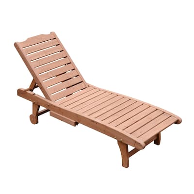 Outsunny Solid Wood Outdoor Chaise Lounge Chair with Pull-out Tray