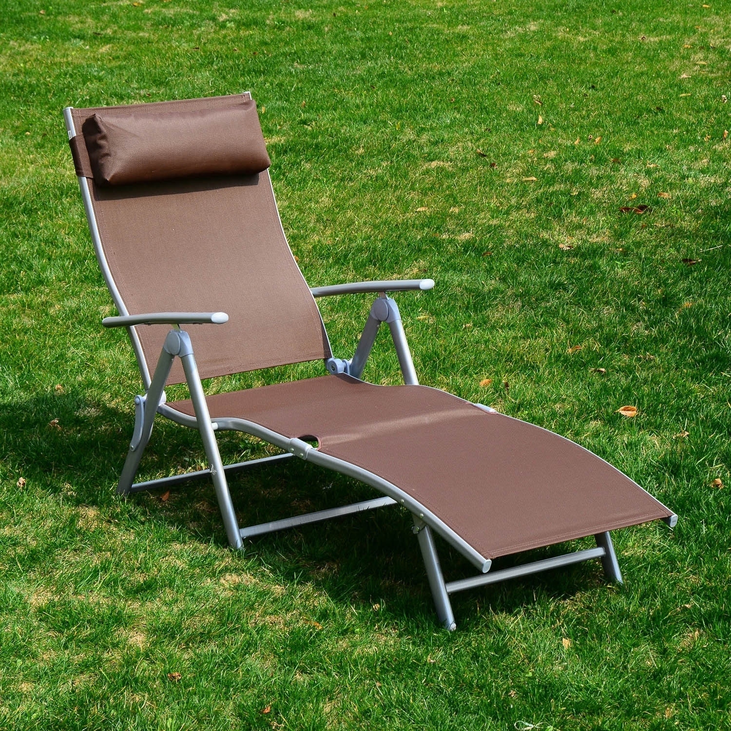 outsunny steel fabric outdoor folding chaise lounge chair recliner with  portable design  adjustable backrest  brown