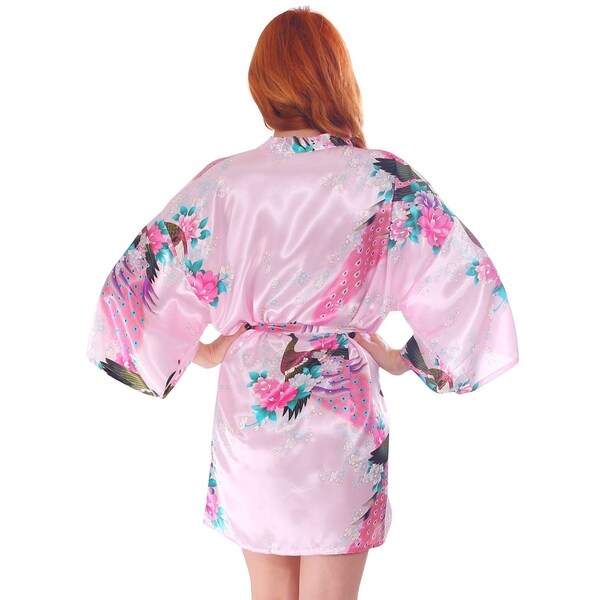 peacock print satin kimono robe