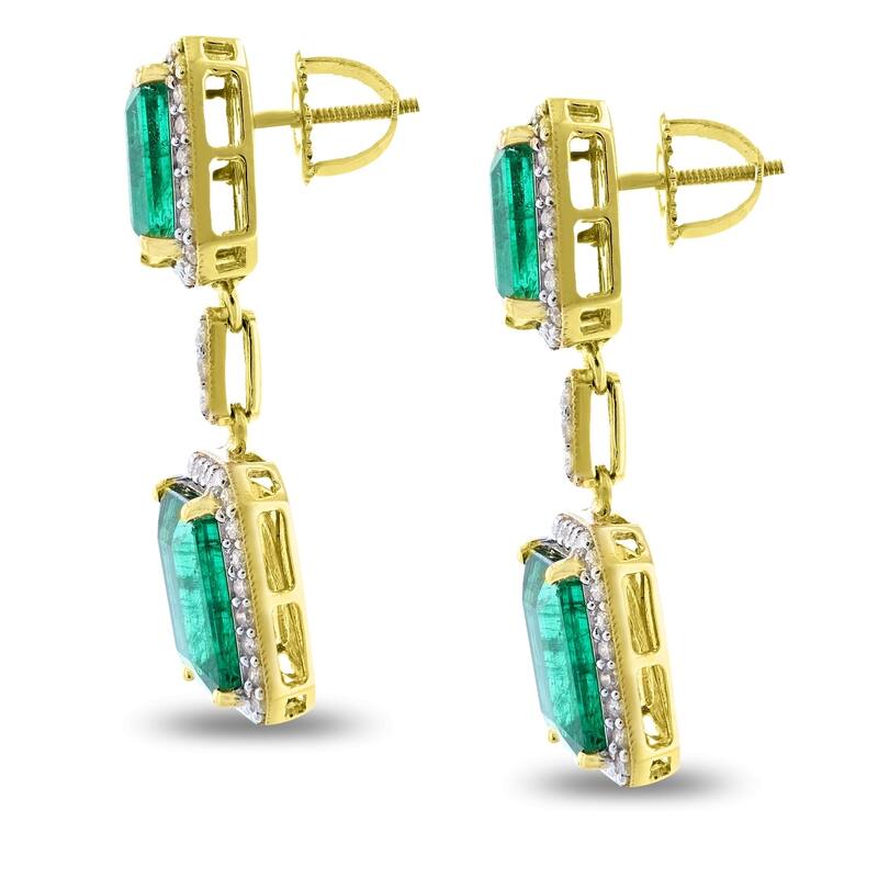 Auriya 18k Yellow Gold 6ct Emerald and 5/8ct TDW Diamond Earrings - White
