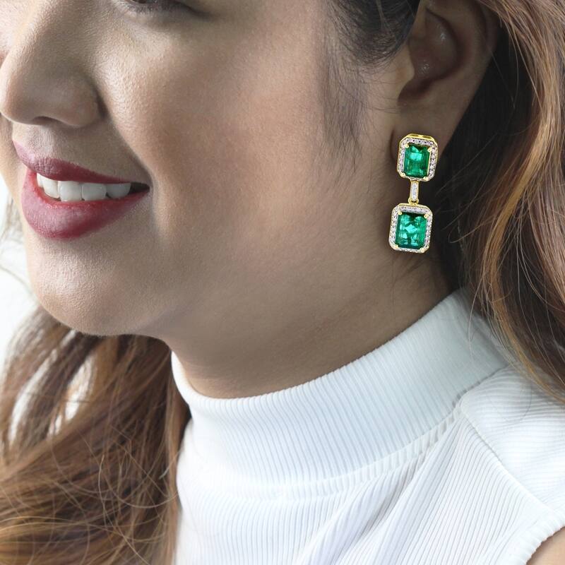 Auriya 18k Yellow Gold 6ct Emerald and 5/8ct TDW Diamond Earrings - White