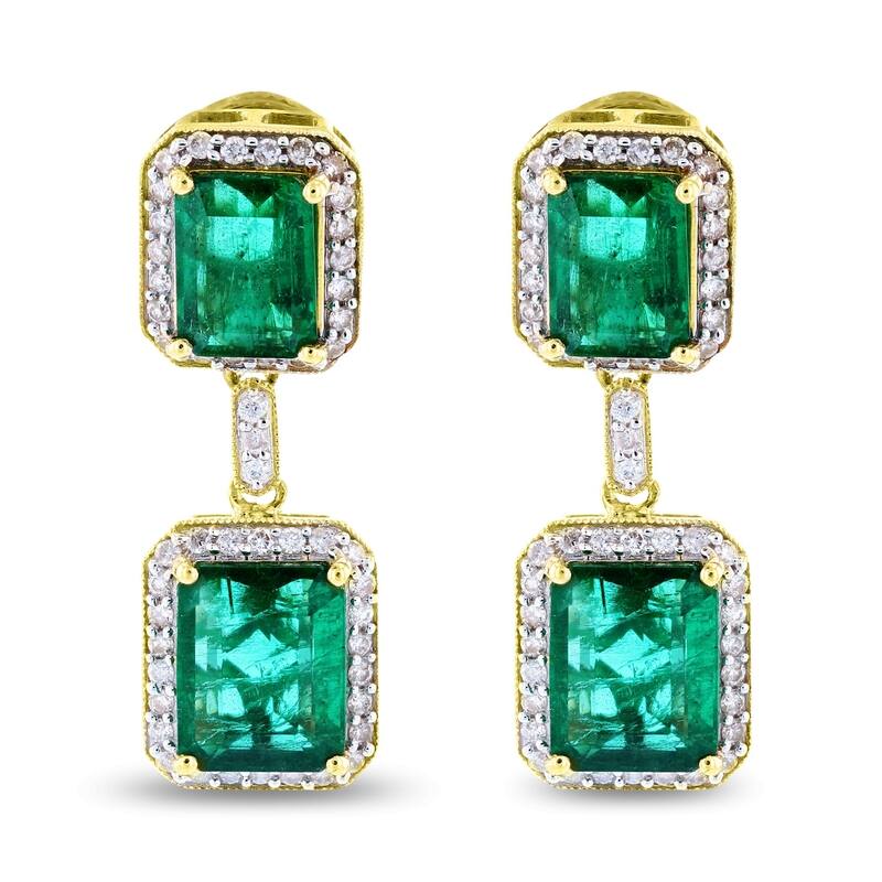 Auriya 18k Yellow Gold 6ct Emerald and 5/8ct TDW Diamond Earrings - White