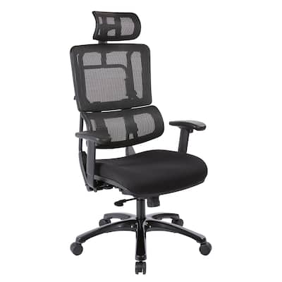 Vertical Black Mesh Back Office Chair with Shiny Black Base in Black Free Flex Fabric with Headrest