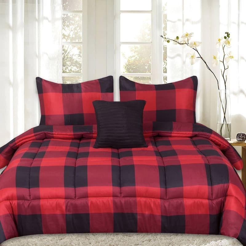 Sweet Home Collection Buffalo Check 4-piece Comforter Set - Burgundy/Black - Full - Queen