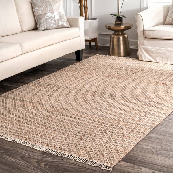 slide 2 of 12, nuLOOM Natural Jute/Cotton Casual Handmade Flatweave Natural-fiber Diamond Trellis Tassel Area Rug