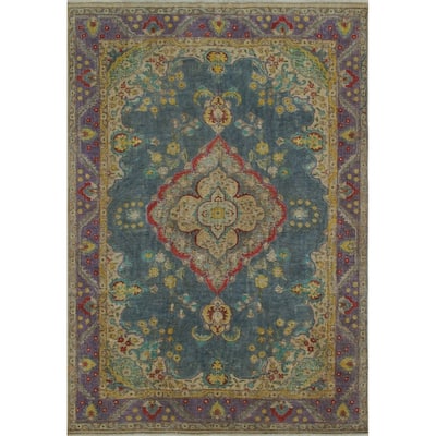 Vintage Distressed Overdyed Annjeanette Grey-Green/Purple Rug - 6'2" x 9'4"