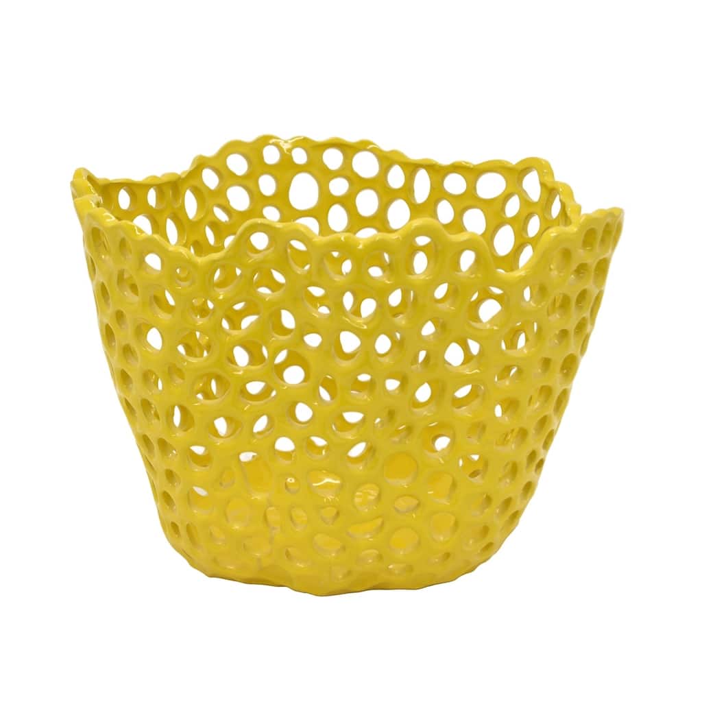 Three Hands Decorative Yellow Ceramic Pierced Bowl With Glossy Finish