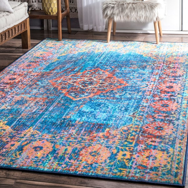 nuLOOM Blue Chromatic Medallion Nylon Vintage-inspired Floral Border Area Rug
