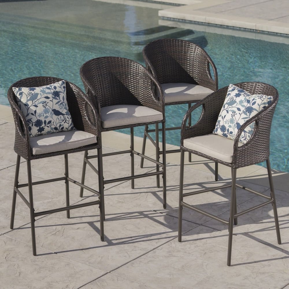 Dominica Outdoor Wicker Barstool with Cushions (Set of 4) by Christopher Knight Home