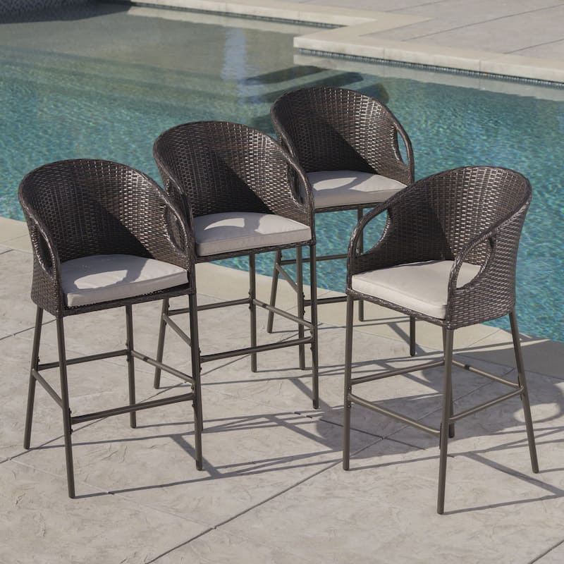 Dominica Outdoor Wicker Barstool with Cushions (Set of 4) by Christopher Knight Home