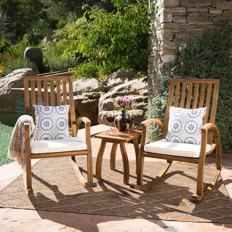 Cayo Acacia Wood Outdoor 3-piece Rocking Chair Chat Set with Cushion by Christopher Knight Home