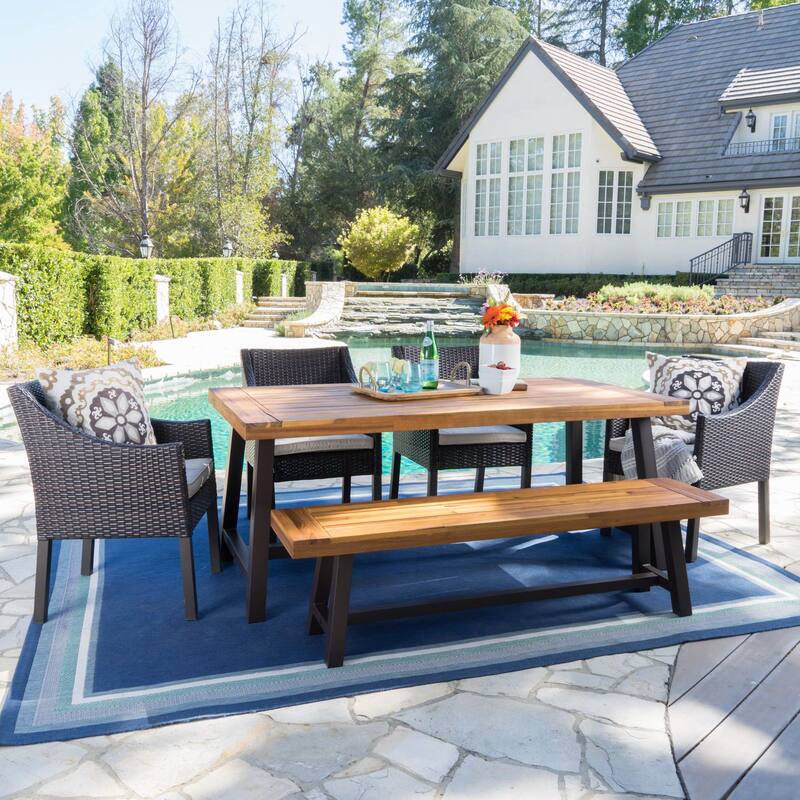 Okane Outdoor 6-piece Rustic Rectangle Dining Set with Seat Cushions by Christopher Knight Home