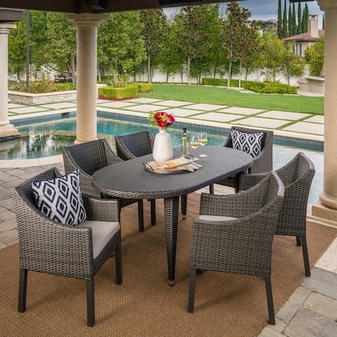 Benjamin Outdoor 7-piece Oval Wicker Dining Set with Cushions by Christopher Knight Home