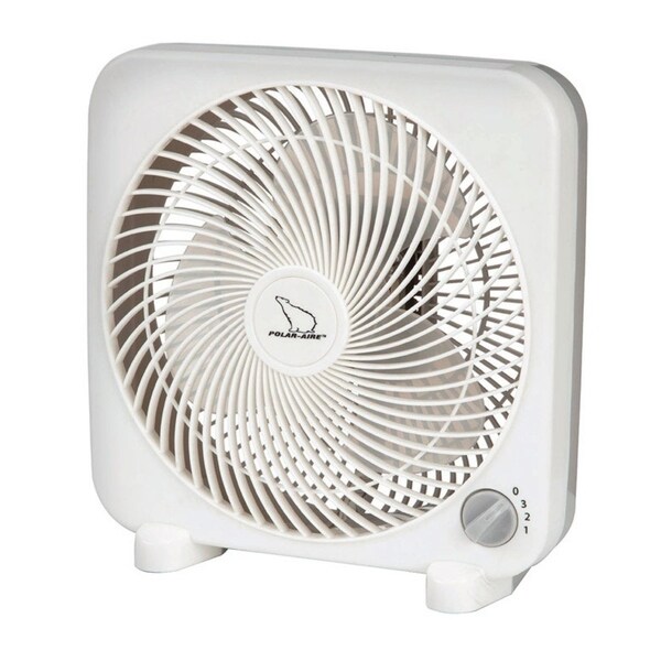 Polar Aire Box Fan 11.18 in. H x 10.63 in. L x 4.88 in. W x 9 in. Dia. 3 speed AC 3 blade White