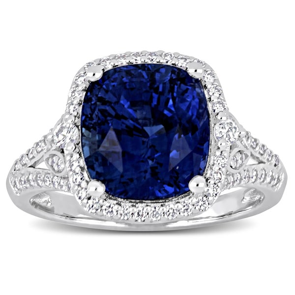 Miadora Signature Collection 14k White Gold Blue Sapphire and 1/2ct TDW Diamond Halo Split Shank Statement Ring. Opens flyout.