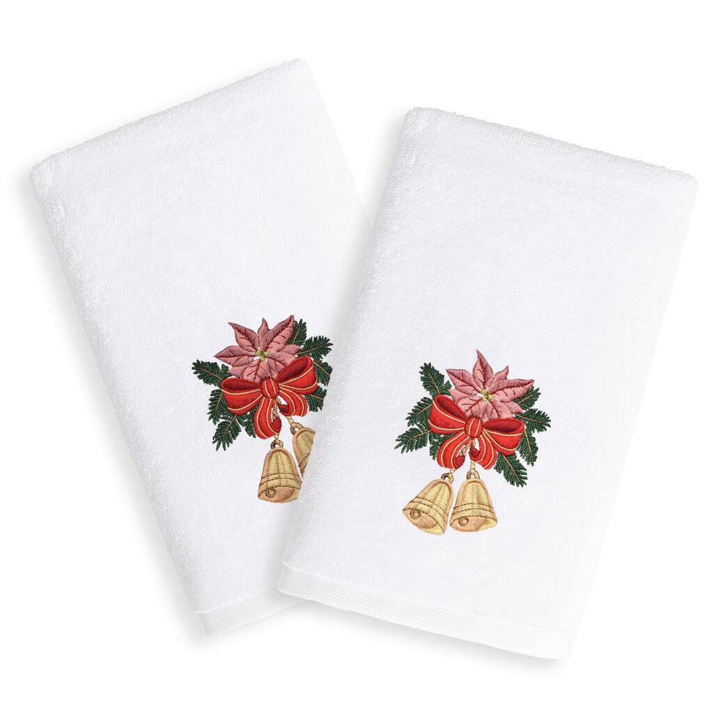 Christmas Bells Embroidered White Turkish Cotton Hand Towels (Set of 2)