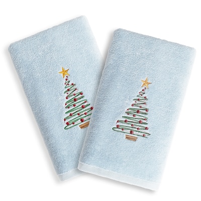 Christmas Tree Embroidered Light Blue Turkish Cotton Hand Towels (Set of 2)