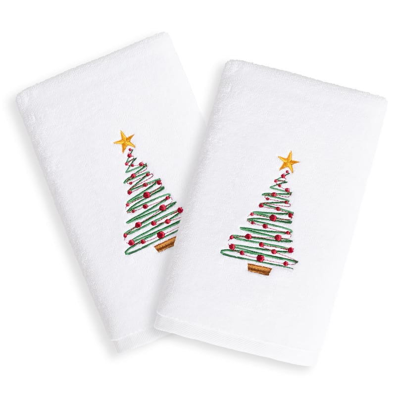 Christmas Tree Embroidered White Turkish Cotton Hand Towels (Set of 2)