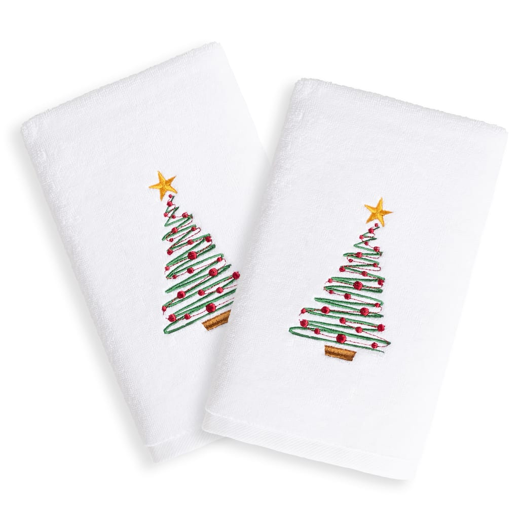 Christmas Tree Embroidered White Turkish Cotton Hand Towels (Set of 2)