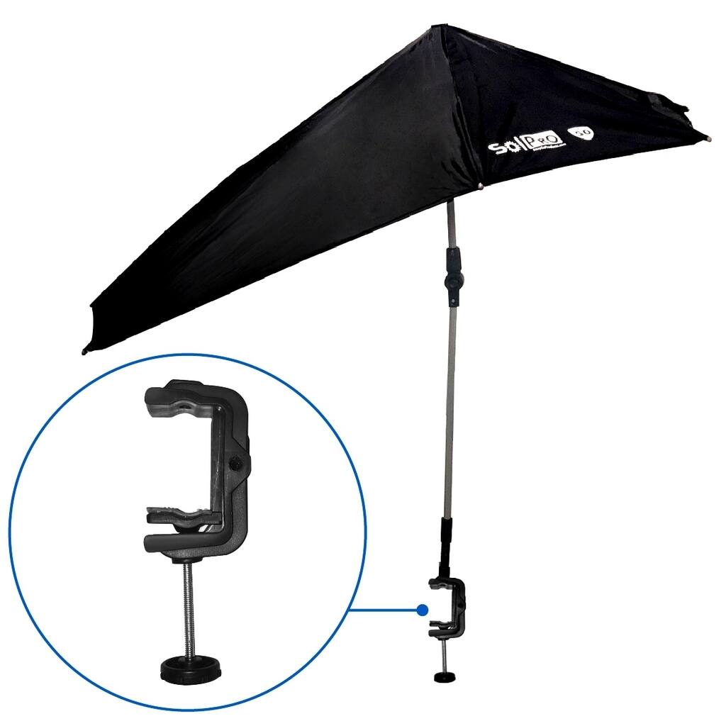SolPro Clamp-On Shade Umbrella - 4 Way Clamp Umbrella with 360 Degree Swivel and Push Button Hinge. Great for Beach Chairs