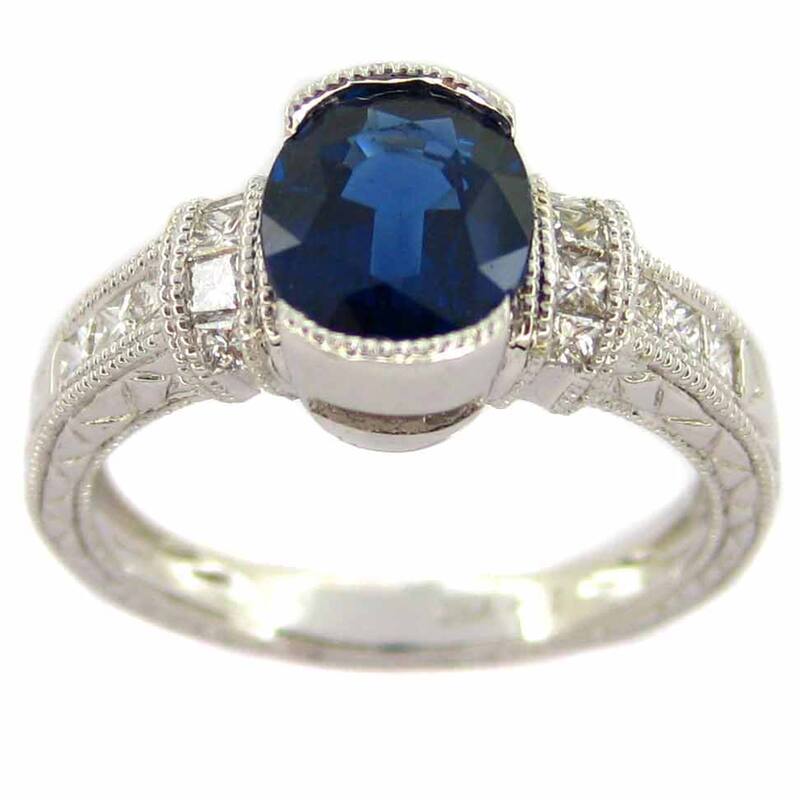 Kabella 18k White Gold Blue Sapphire and Diamond Milgrain Edge Ring