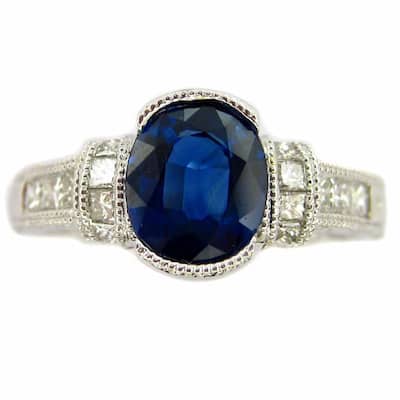 Kabella 18k White Gold Blue Sapphire and Diamond Milgrain Edge Ring