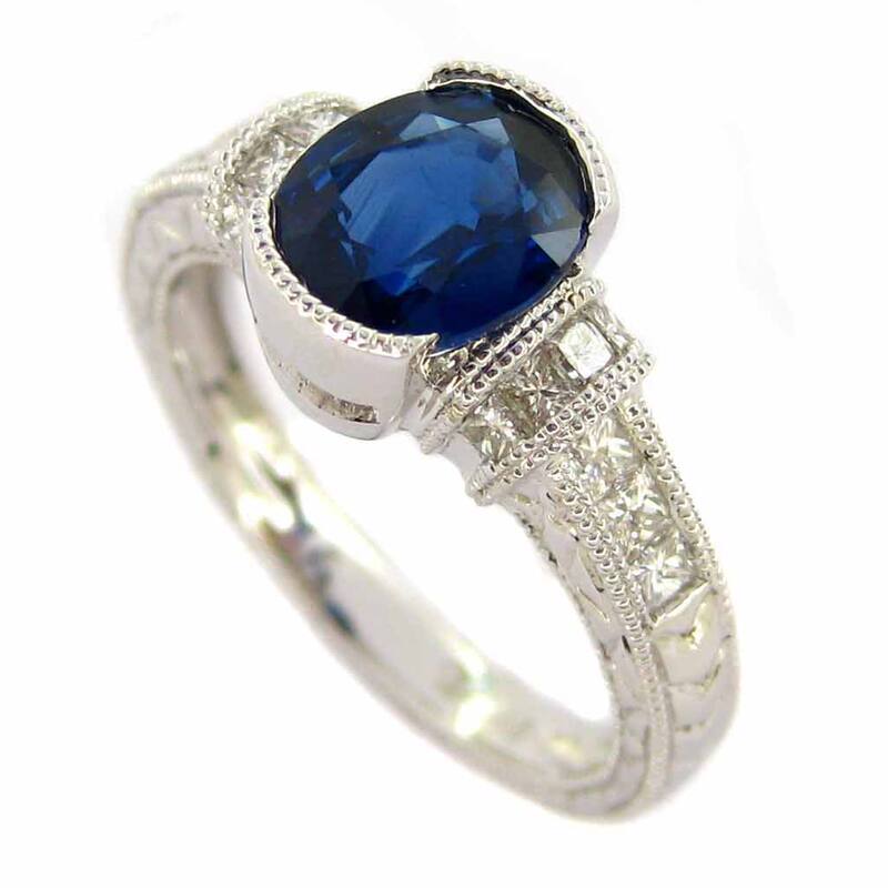 Kabella 18k White Gold Blue Sapphire and Diamond Milgrain Edge Ring