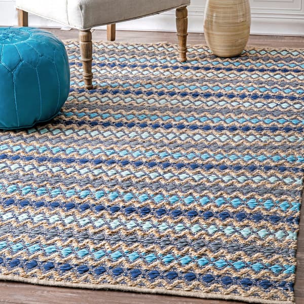 slide 2 of 3, nuLOOM Handmade Flatweave Natural Fiber Jute Diamond Stripes Blue Rug (5' x 8') (As Is Item)