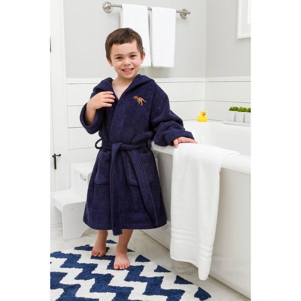 Sweet Kids Midnight Blue Turkish Cotton Hooded Terry Bathrobe with Embroidered Dinosaur Design