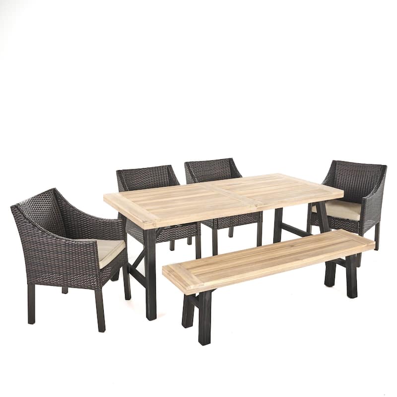 Stuart Outdoor 6-piece Rectangle Wood Wicker Dining Set with Cushions by Christopher Knight Home