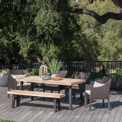 Stuart Outdoor 6-piece Rectangle Wood Wicker Dining Set with Cushions by Christopher Knight Home
