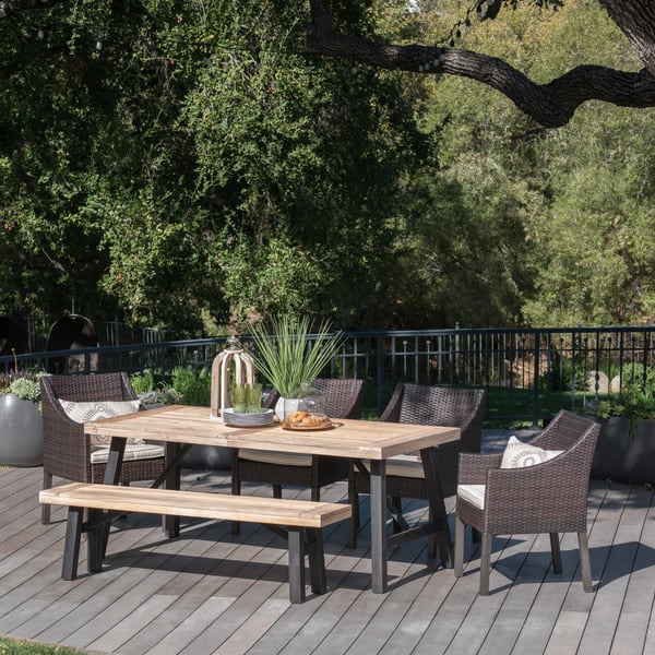 slide 2 of 6, Stuart Outdoor 6-piece Rectangle Wood Wicker Dining Set with Cushions by Christopher Knight Home