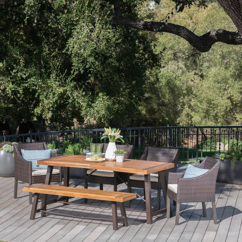 Boland Outdoor 6-piece Rectangle Wood Wicker Dining Set with Cushions by Christopher Knight Home