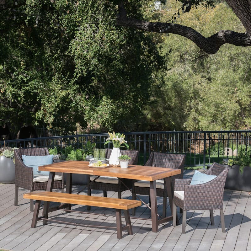 Boland Outdoor 6-piece Rectangle Wood Wicker Dining Set with Cushions by Christopher Knight Home