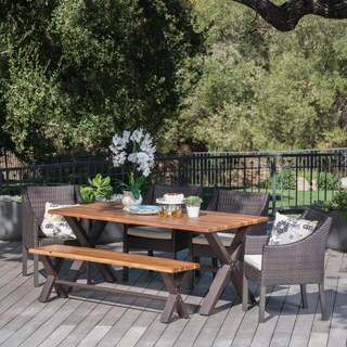 Helena Outdoor 6-piece Rectangle Wood Wicker Dining Set with Cushions by Christopher Knight Home