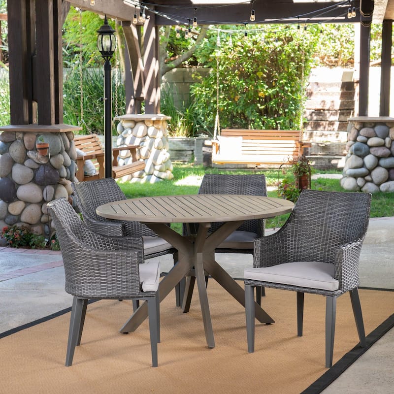 Ryan Outdoor 5-piece Round Wicker Wood Dining Set with Cushions by Christopher Knight Home - Grey