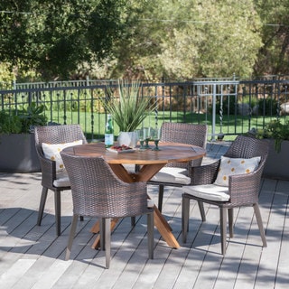 Ryan Outdoor 5-piece Round Wicker Wood Dining Set with Cushions by Christopher Knight Home