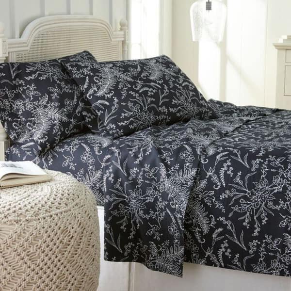 Winter Brush Botanical Print Deep Pocket 4-piece Bed Sheet Set - Queen - black w/ white flowers