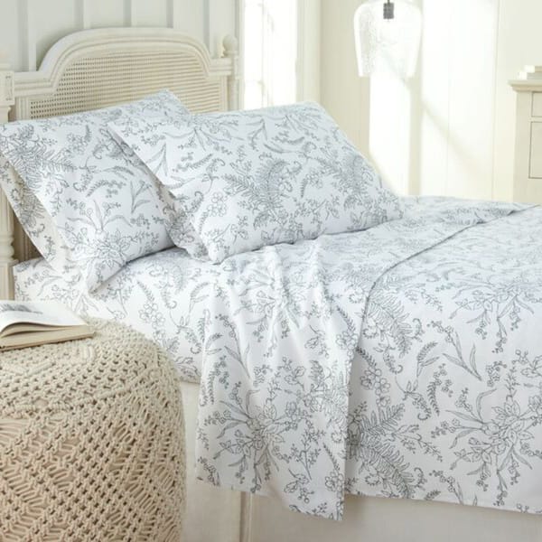 Winter Brush Botanical Print Deep Pocket 4-piece Bed Sheet Set - Twin - white w/ teal flowers