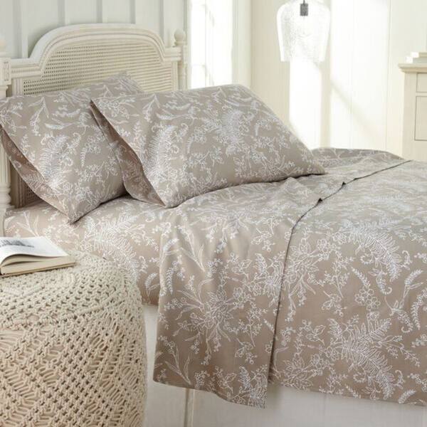 Winter Brush Botanical Print Deep Pocket 4-piece Bed Sheet Set - California King - warm sand w/ white flowers