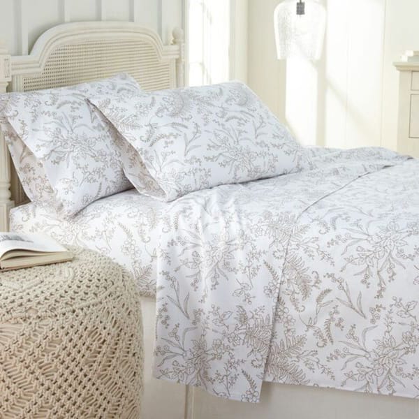 Winter Brush Botanical Print Deep Pocket 4-piece Bed Sheet Set - King - white w/ warm sand flowers