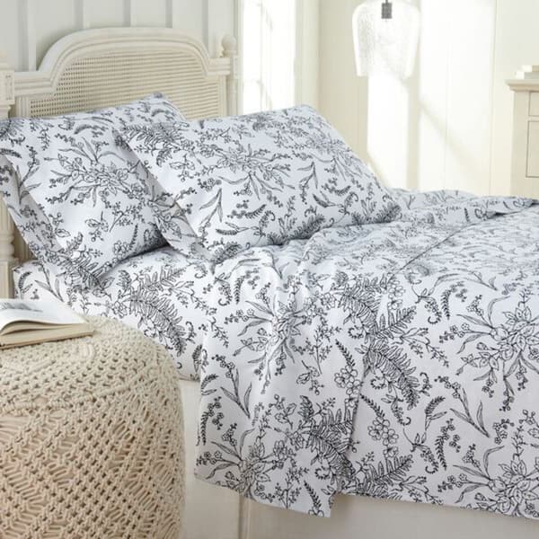 Winter Brush Botanical Print Deep Pocket 4-piece Bed Sheet Set - Twin - white w/ black flowers