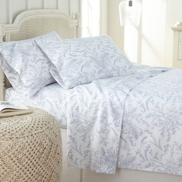 Winter Brush Botanical Print Deep Pocket 4-piece Bed Sheet Set - Twin - white w/ blue flowers